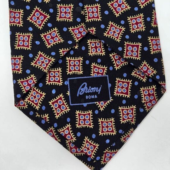 BRIONI SILK TIE BLACK RED BLUE DOMINOES GEOMETRIC PATTERN GOLD TAG 4" X 59" - Picture 4 of 4